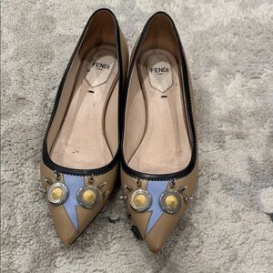 Fendi Beige and Light Blue Embellished Flats